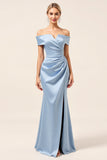 Sky Blue Off the Shoulder Satin Sheath Long Bridesmaid Dress with Slit