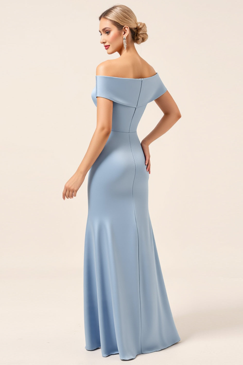 Sky Blue Off the Shoulder Satin Sheath Long Bridesmaid Dress with Slit
