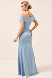Sky Blue Off the Shoulder Satin Sheath Long Bridesmaid Dress with Slit