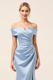 Sky Blue Off the Shoulder Satin Sheath Long Bridesmaid Dress with Slit