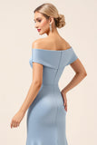 Sky Blue Off the Shoulder Satin Sheath Long Bridesmaid Dress with Slit