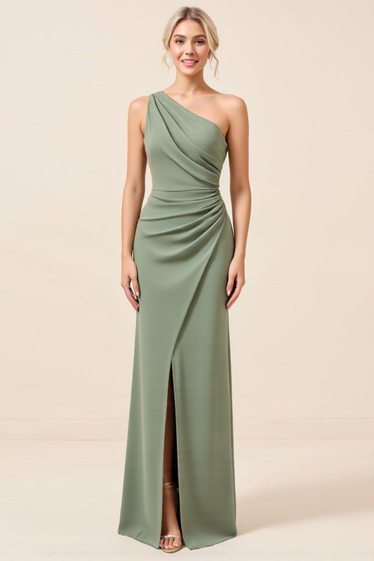 Matcha Sheath One Shoulder Long Bridesmaid Dress with Slit