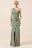 Matcha Sheath One Shoulder Long Bridesmaid Dress with Slit