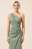 Matcha Sheath One Shoulder Long Bridesmaid Dress with Slit