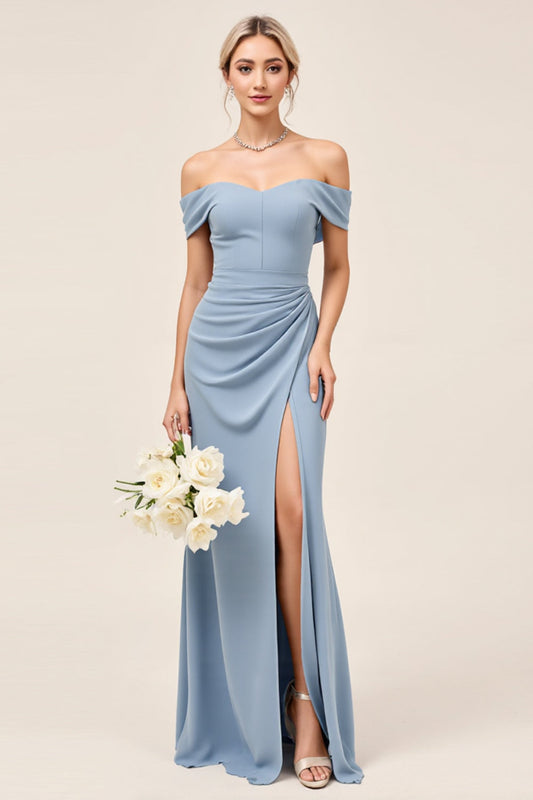 Dusty Blue Sheath Off the Shoulder Long Bridesmaid Dress With Slit