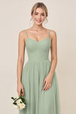 Matcha A Line Spaghetti Straps Backless Bridesmaid Dress with Slit