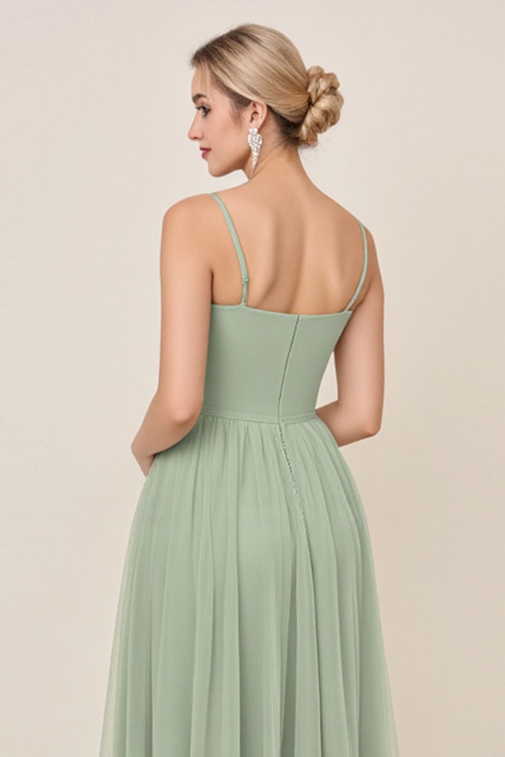 Matcha A Line Spaghetti Straps Backless Bridesmaid Dress with Slit
