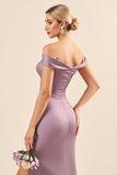 Vintage Mauve Satin Sheath Long Off the Shoulder Bridesmaid Dress with Slit