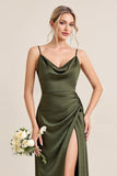 Olive Sheath Satin Spaghetti Straps Maxi Bridesmaid Dress with Slit
