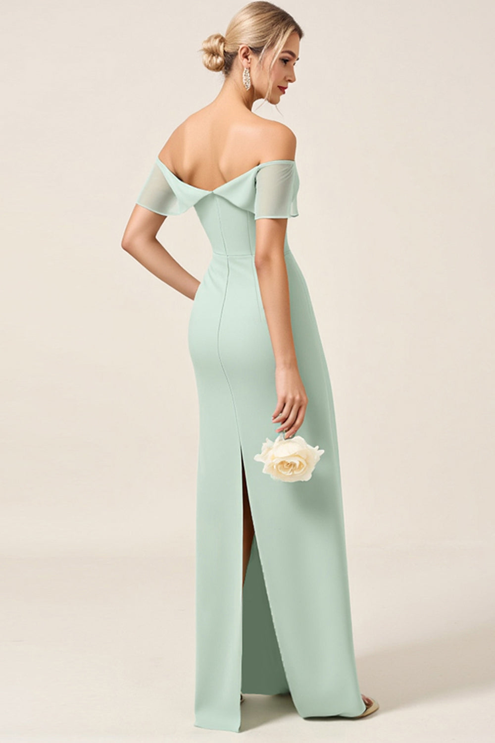 Mint Sheath Off the Shoulder Long Bridesmaid Dress with Slit