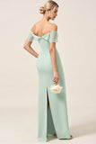 Mint Sheath Off the Shoulder Long Bridesmaid Dress with Slit