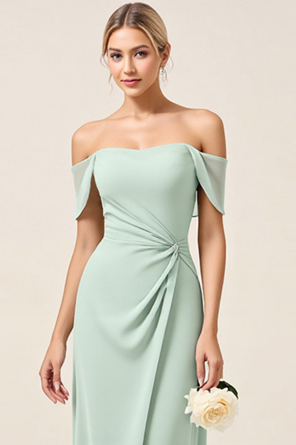 Mint Sheath Off the Shoulder Long Bridesmaid Dress with Slit