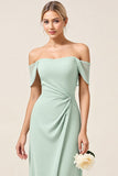 Mint Sheath Off the Shoulder Long Bridesmaid Dress with Slit