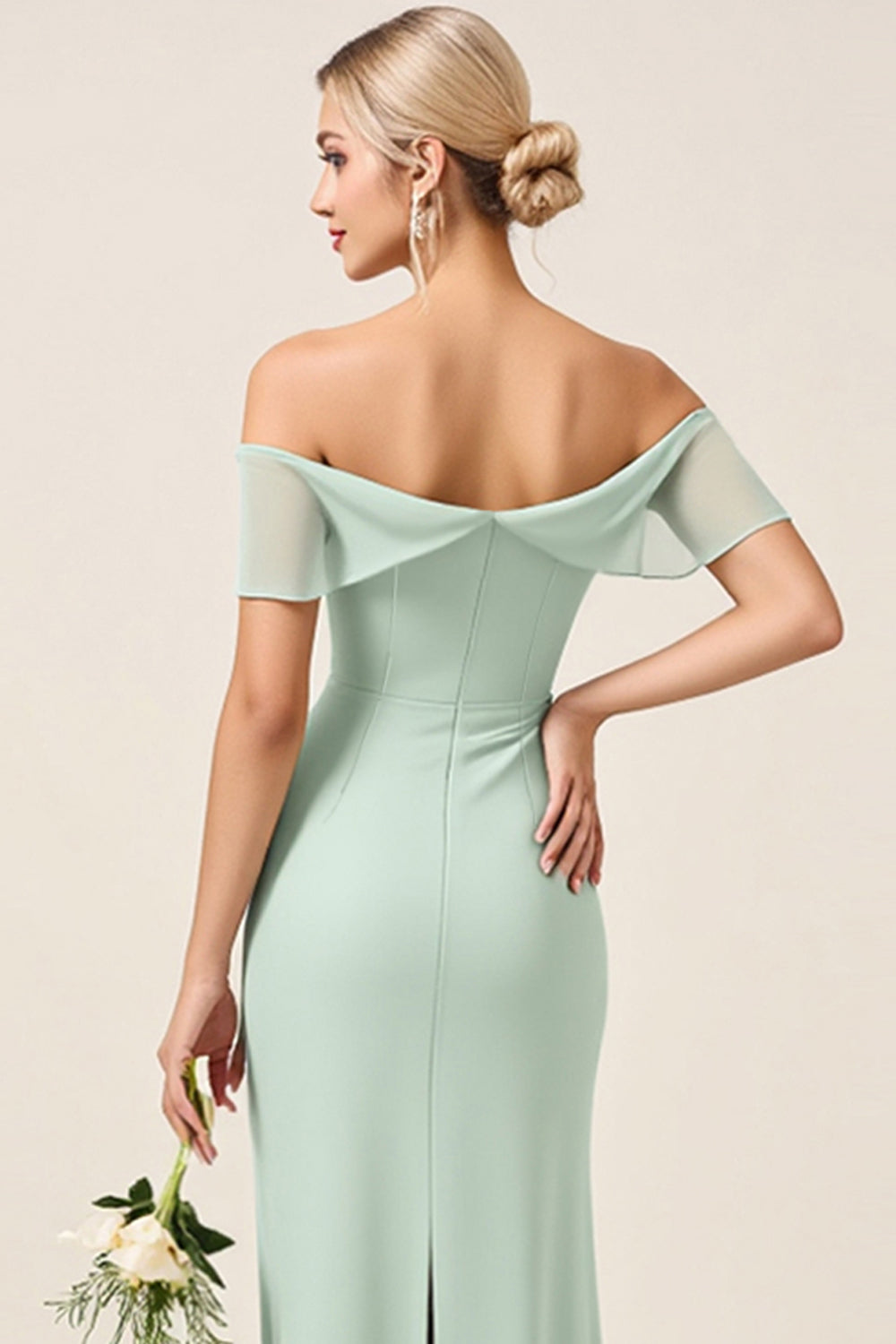 Mint Sheath Off the Shoulder Long Bridesmaid Dress with Slit