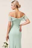 Mint Sheath Off the Shoulder Long Bridesmaid Dress with Slit