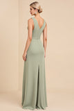 Sage Sheath V Neck Cut Out Maxi Long Bridesmaid Dress