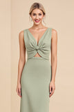 Sage Sheath V Neck Cut Out Maxi Long Bridesmaid Dress