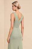 Sage Sheath V Neck Cut Out Maxi Long Bridesmaid Dress