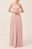 Blush Pink A Line Strapless Square Neck Maxi Bridesmaid Dress