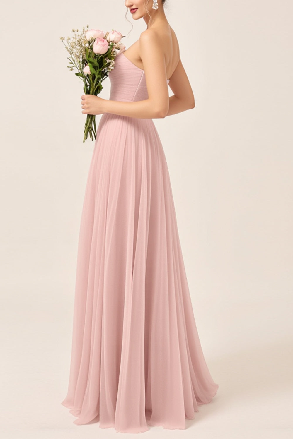 Blush Pink A Line Strapless Square Neck Maxi Bridesmaid Dress