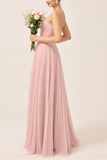 Blush Pink A Line Strapless Square Neck Maxi Bridesmaid Dress