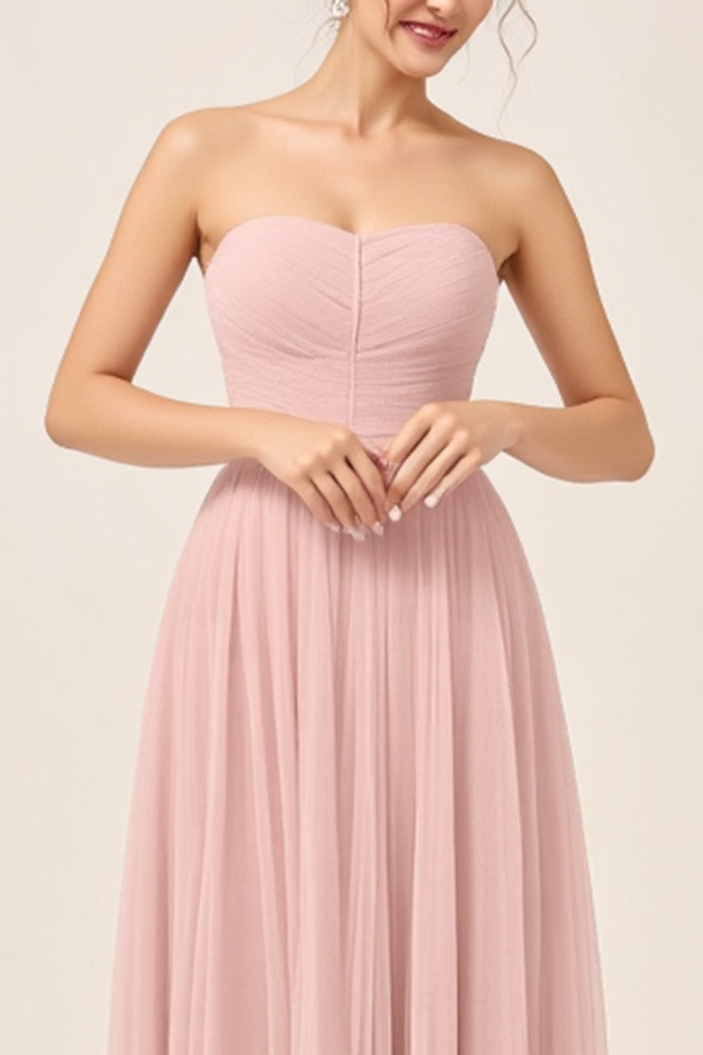 Blush Pink A Line Strapless Square Neck Maxi Bridesmaid Dress