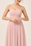 Blush Pink A Line Strapless Square Neck Maxi Bridesmaid Dress