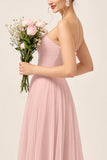Blush Pink A Line Strapless Square Neck Maxi Bridesmaid Dress