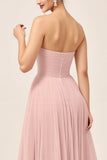 Blush Pink A Line Strapless Square Neck Maxi Bridesmaid Dress