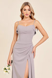 Silver Sheath Spaghetti Straps Long Bridesmaid Dress with Slit