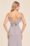 Silver Sheath Spaghetti Straps Long Bridesmaid Dress with Slit