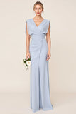 Light Blue V Neck Sheath Maxi Long Bridesmaid Dress