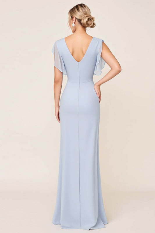 Light Blue V Neck Sheath Maxi Long Bridesmaid Dress