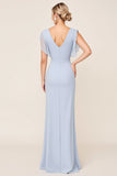 Light Blue V Neck Sheath Maxi Long Bridesmaid Dress