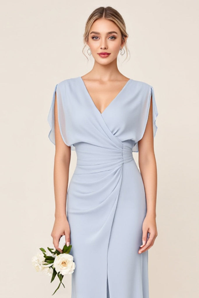 Zapakasa Women Light Blue Sheath Maxi Bridesmaid Dress V Neck Backless