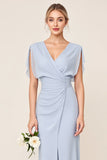 Light Blue V Neck Sheath Maxi Long Bridesmaid Dress