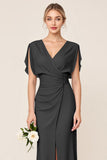 Light Blue V Neck Sheath Maxi Long Bridesmaid Dress