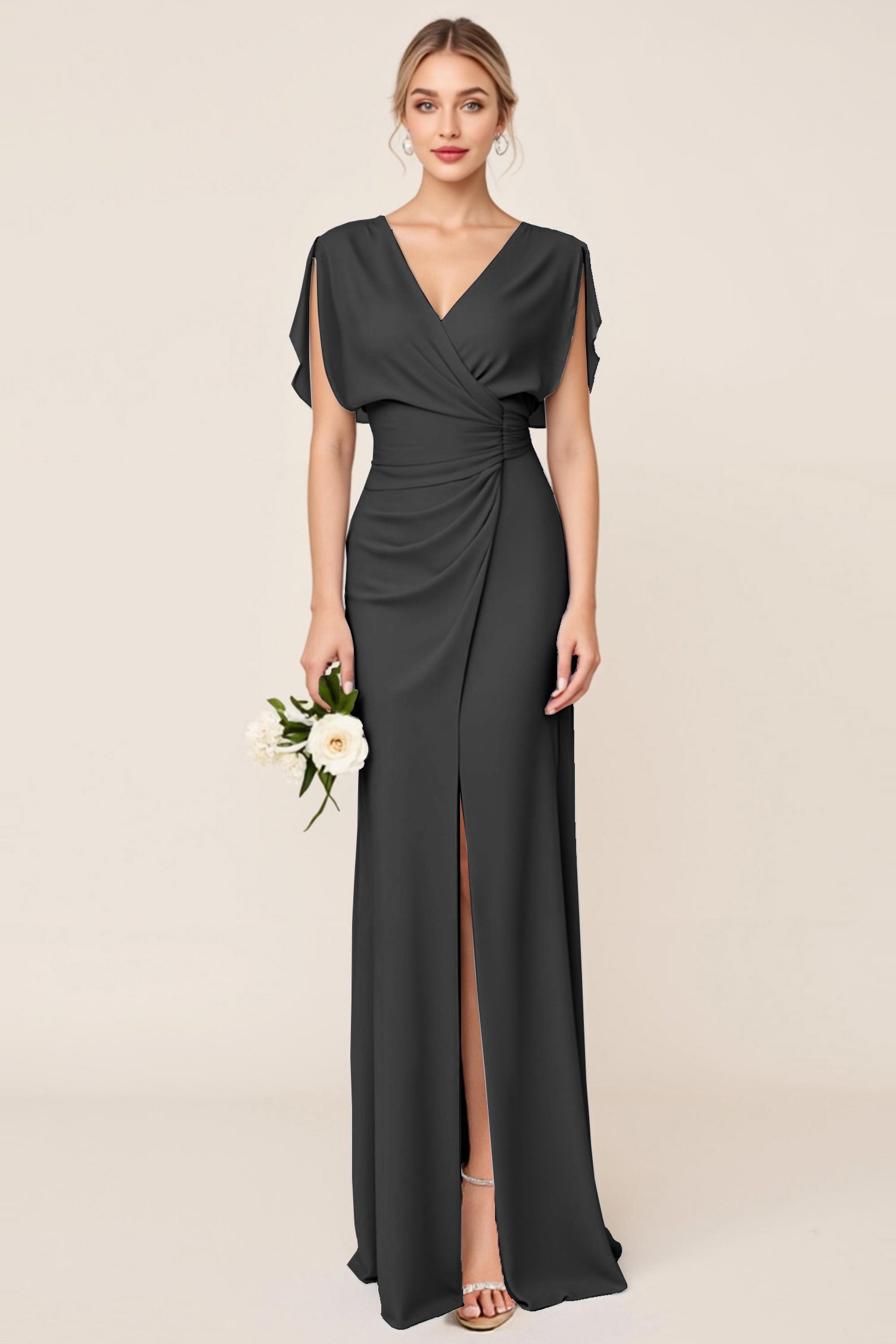 Light Blue V Neck Sheath Maxi Long Bridesmaid Dress