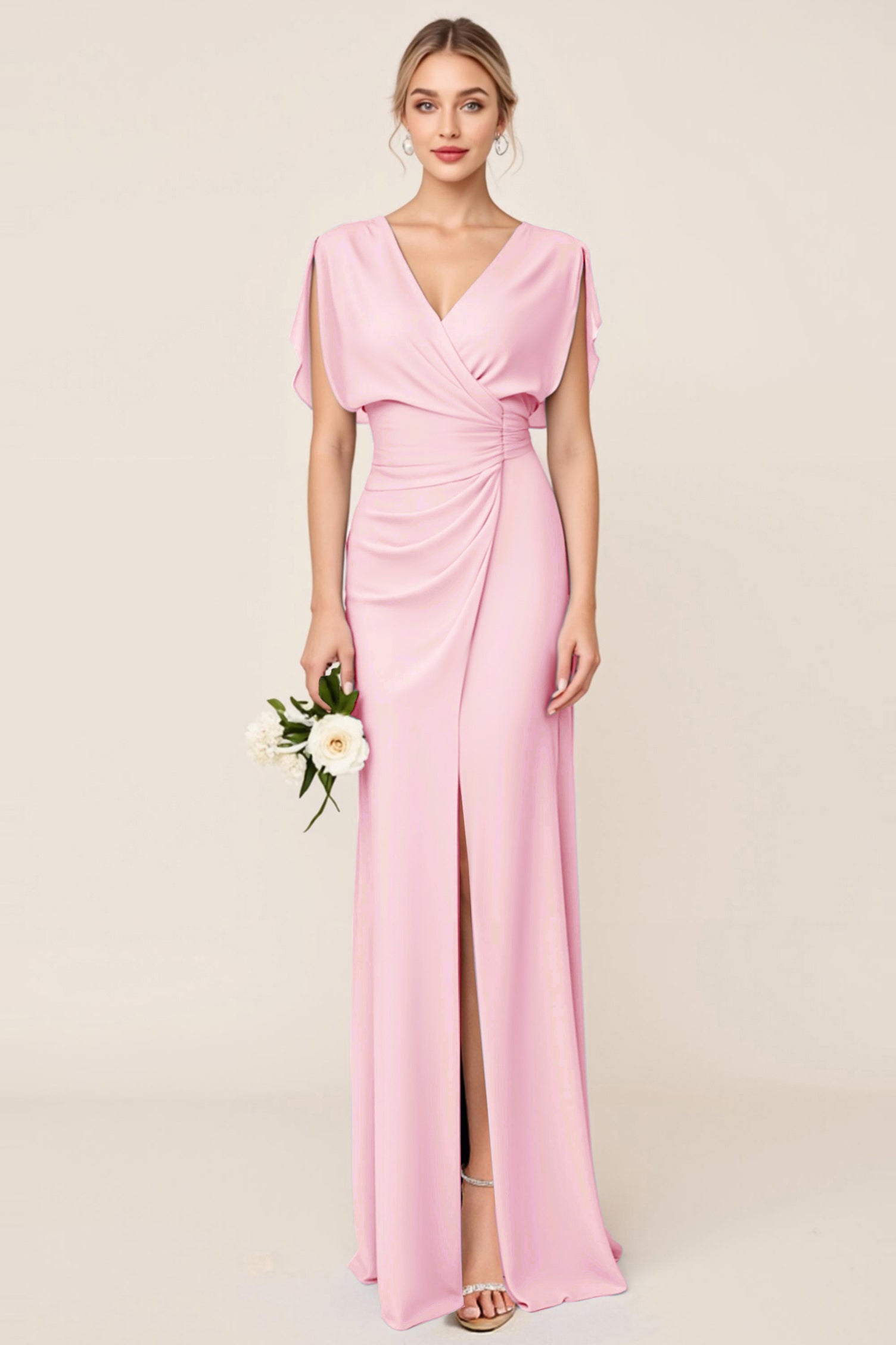 Light Blue V Neck Sheath Maxi Long Bridesmaid Dress