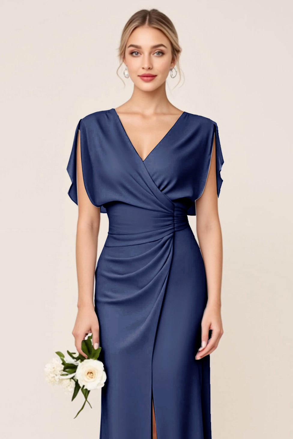Light Blue V Neck Sheath Maxi Long Bridesmaid Dress
