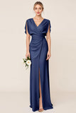 Light Blue V Neck Sheath Maxi Long Bridesmaid Dress
