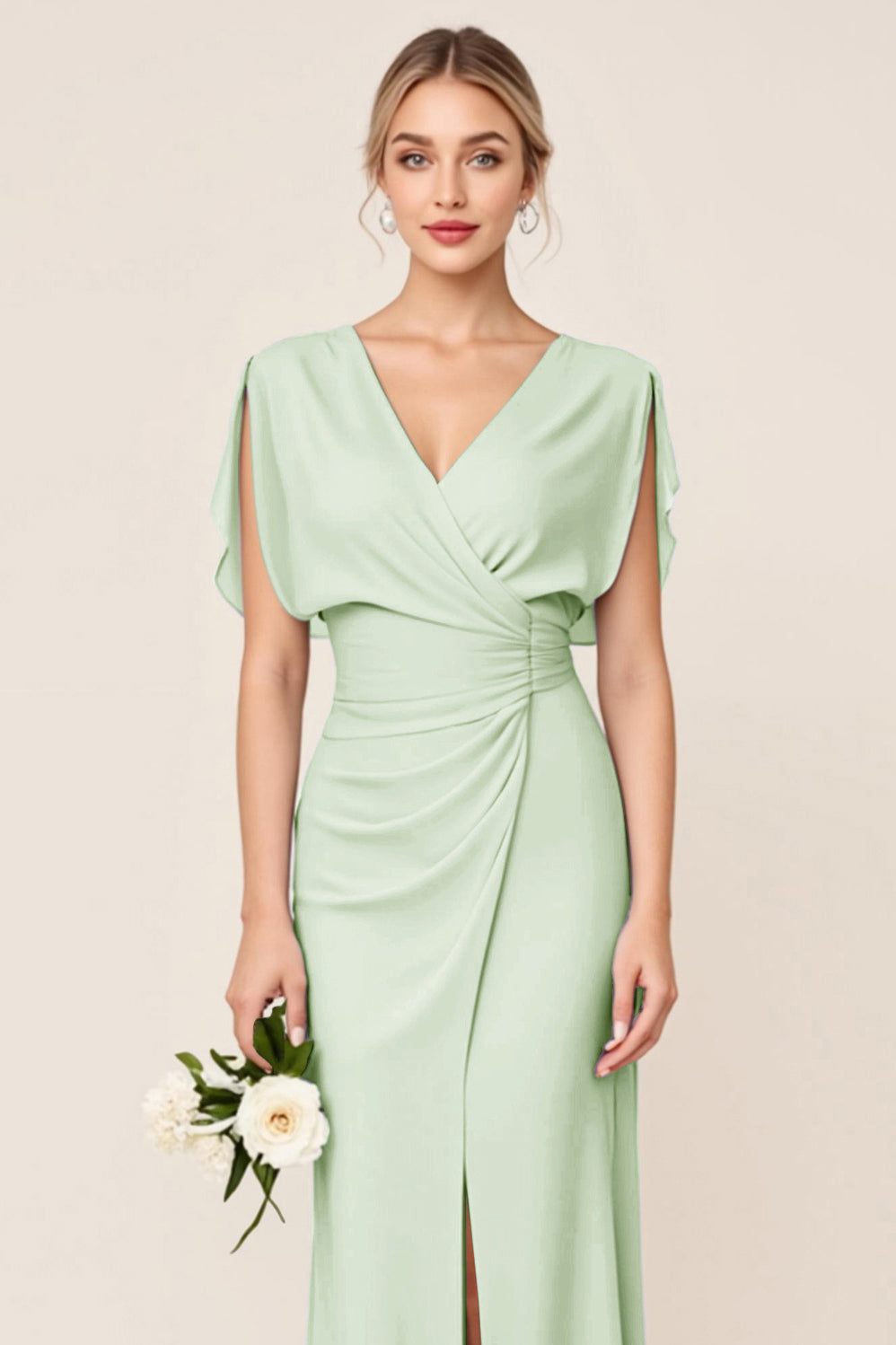Light Blue V Neck Sheath Maxi Long Bridesmaid Dress
