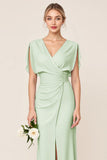 Light Blue V Neck Sheath Maxi Long Bridesmaid Dress