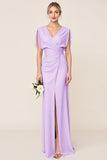 Light Blue V Neck Sheath Maxi Long Bridesmaid Dress