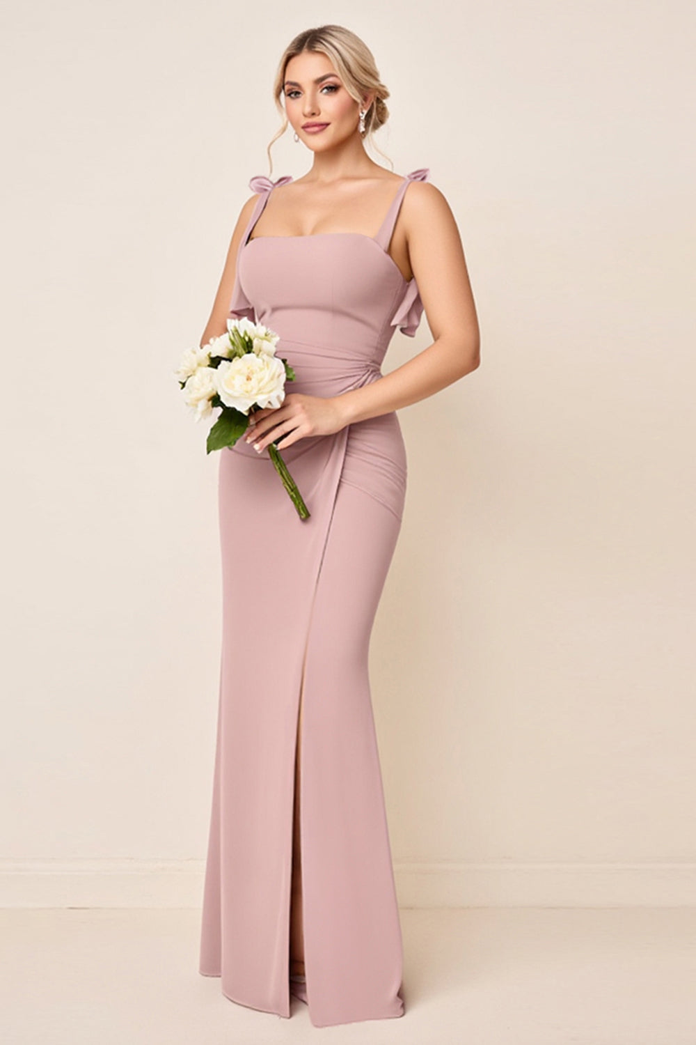 Dusty Rose Chiffon Long Mermaid Maxi Bridesmaid Dress with Slit