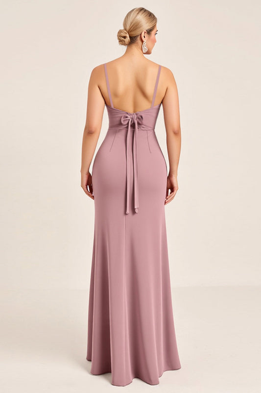 Vintage Mauve Sheath Spaghetti Straps Long Bridesmaid Dress with Bow