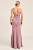 Vintage Mauve Sheath Spaghetti Straps Long Bridesmaid Dress with Bow