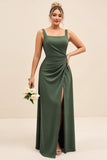 Olive Satin Square Neck Long Sheath Bridesmaid Dress with Slit
