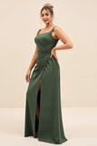 Olive Satin Square Neck Long Sheath Bridesmaid Dress with Slit