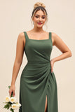 Olive Satin Square Neck Long Sheath Bridesmaid Dress with Slit